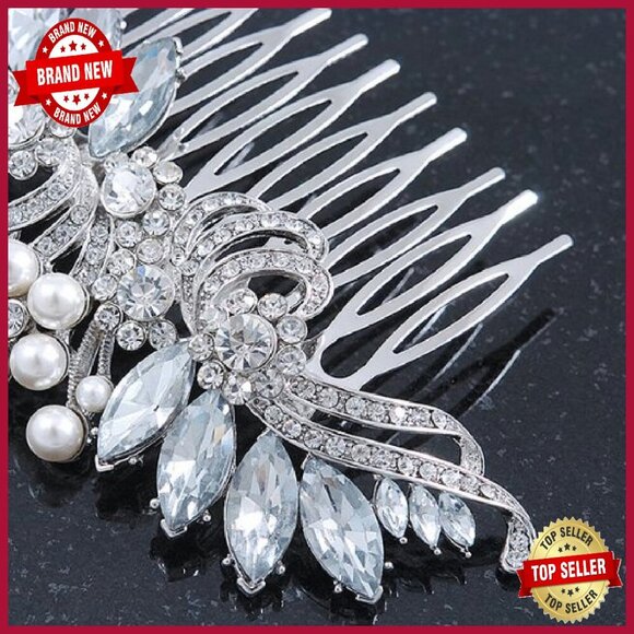 Rhodium Plated CZ Pearl Floral Side Hair Comb 100mm Wedding Party